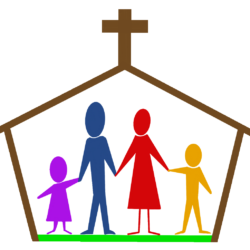 Family in a cartoon church outline