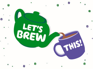 "Lets Brew This" on a green tea pot and purple mug
