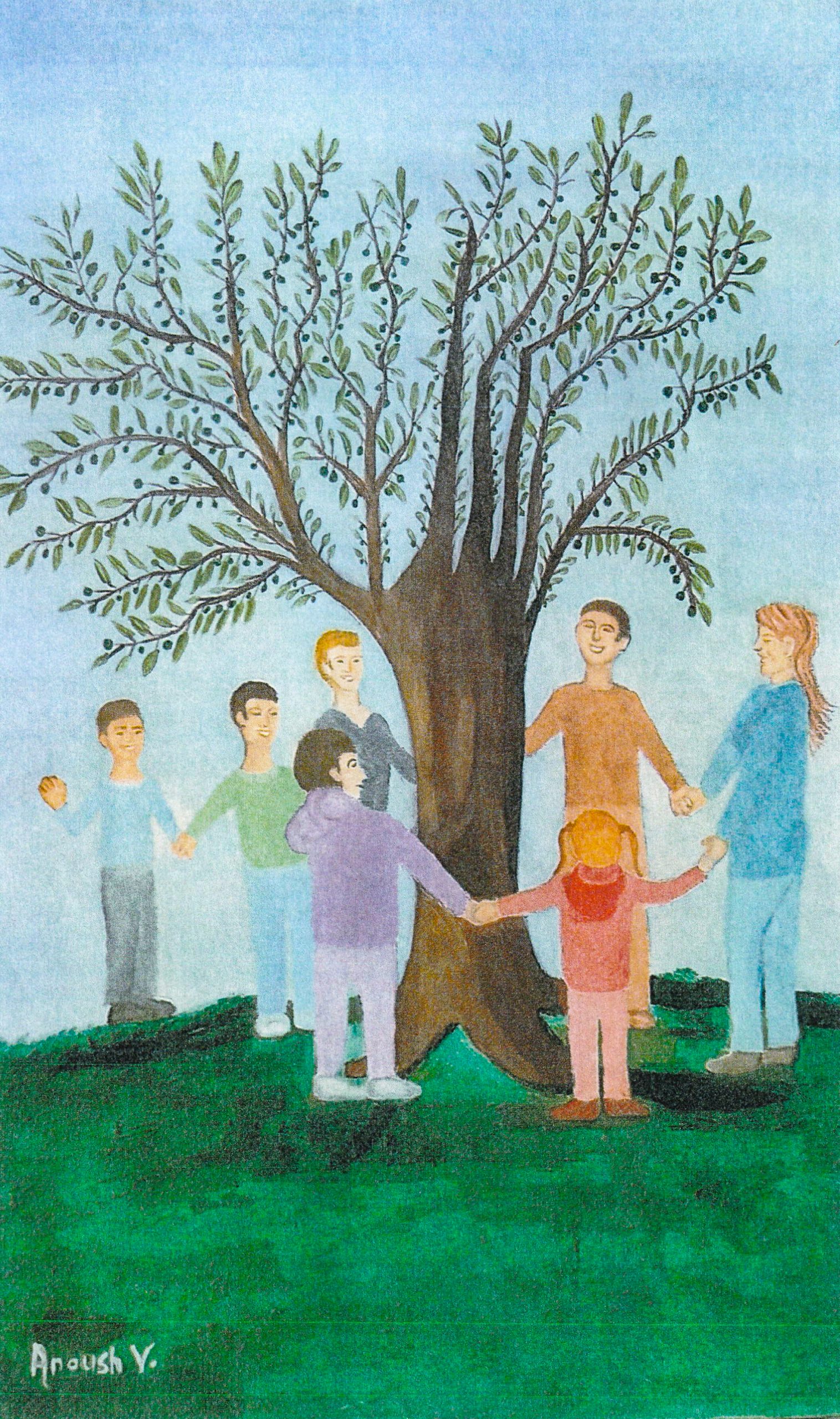 Painting of children around a tree