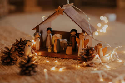 Closeup of wooden nativity set