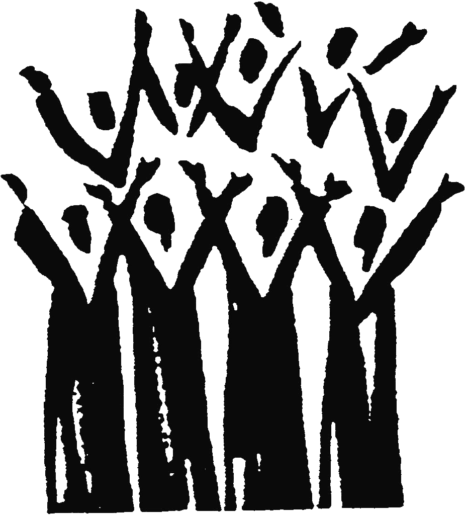 Black and white painted image of a choir with hands in the air